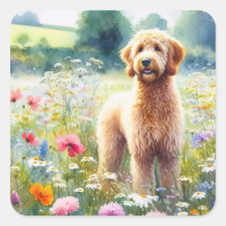Goldendoodle-Wildblume-Feld Wasserfarbe Quadratischer Aufkleber