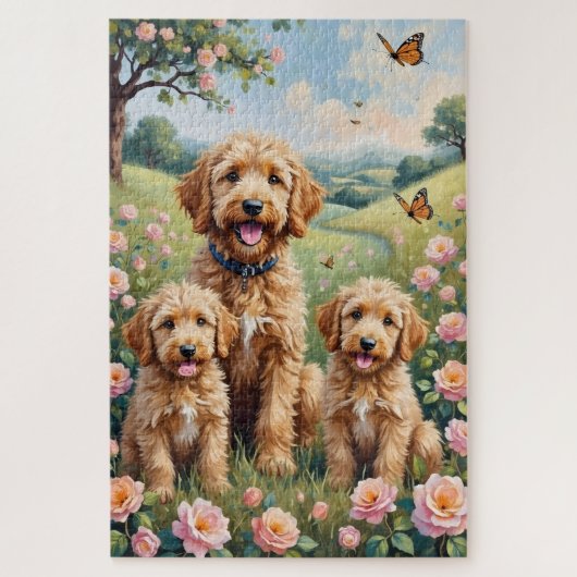 Goldendoodle Wilde Rosenwiese Kunst Puzzle (Vertikal)