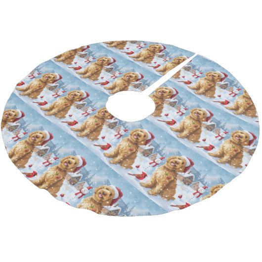 Goldendoodle Winter Wunderland Weihnachtsfreuden Polyester Weihnachtsbaumdecke (Schrägansicht)