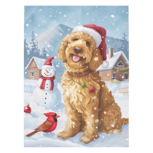 Goldendoodle Winter Wunderland Weihnachtsfreuden Tischdecke (Vorderseite)