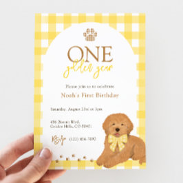 Goldendoodle Yellow Gingham First Birthday Einladung