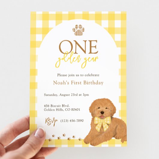 Goldendoodle Yellow Gingham First Birthday Einladung