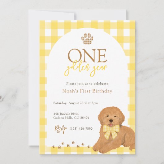 Goldendoodle Yellow Gingham First Birthday Einladung (Vorderseite)