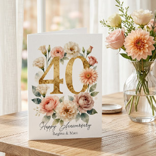 Goldene 40. Jubiläums-Blush-Pink-Wasserfarben-Blum Karte