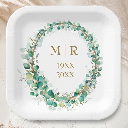 Goldene 50. Hochzeitstag Eukalyptus Floral Pappteller