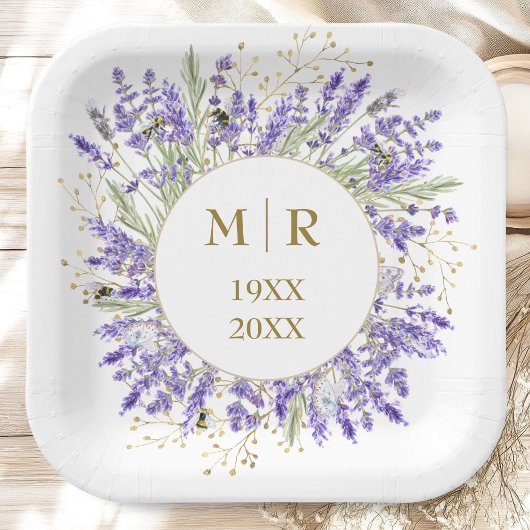 Goldene 50. Hochzeitstag Lavendel Blumen Pappteller