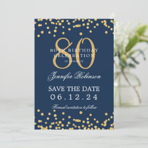 Goldene 80. Geburtstag Save the Date Confetti Navy Einladung