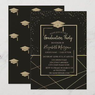 Goldene Abschlussmütze Geometrisch Schwarze Abschl Einladung