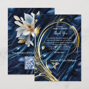 Goldene abstrakte Blumen auf simmrig blauer Seide RSVP Karte