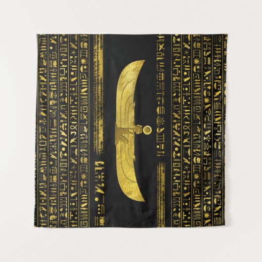 Goldene ägyptische Gott-Verzierung auf schwarzem Wandteppich (Vorderseite (Horizontal))