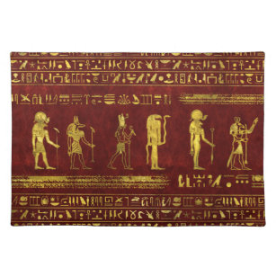 Goldene ägyptische Götter auf rotem Leder Stofftischset