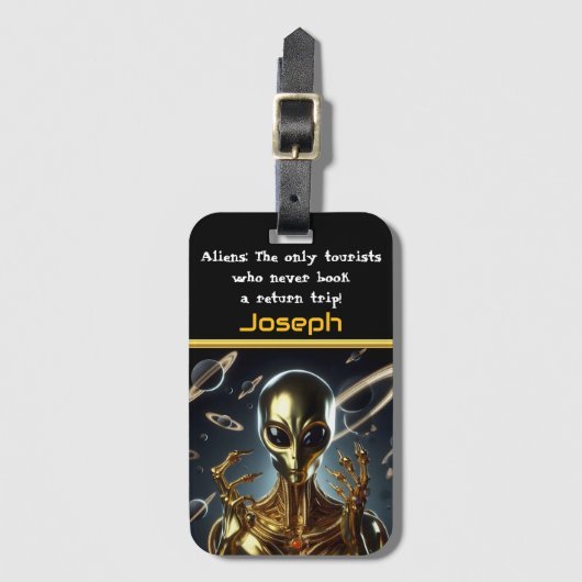 Goldene Alien unter kosmischen Ringen im Bereich 5 Gepäckanhänger (Vorderseite Vertikal)