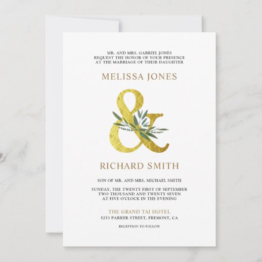 Goldene Ampere und Olivenzweig in einer Hochzeit Einladung (Vorderseite)