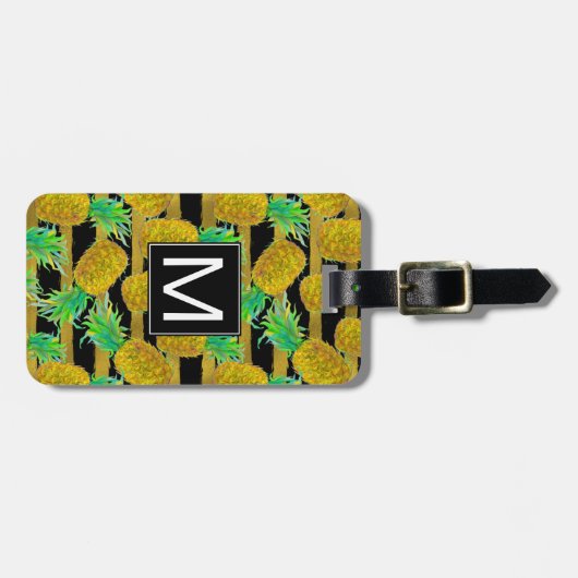 Goldene Ananas auf Monogramm der Streifen-| Gepäckanhänger (Vorderseite horizontal)