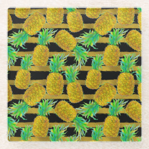 Goldene Ananas auf Streifen Glasuntersetzer