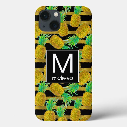 Goldene Ananas auf Streifen | Monogramm Case-Mate iPhone Hülle (Rückseite)