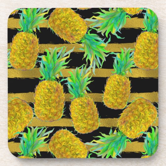 Goldene Ananas auf Streifen Untersetzer (Vorderseite)
