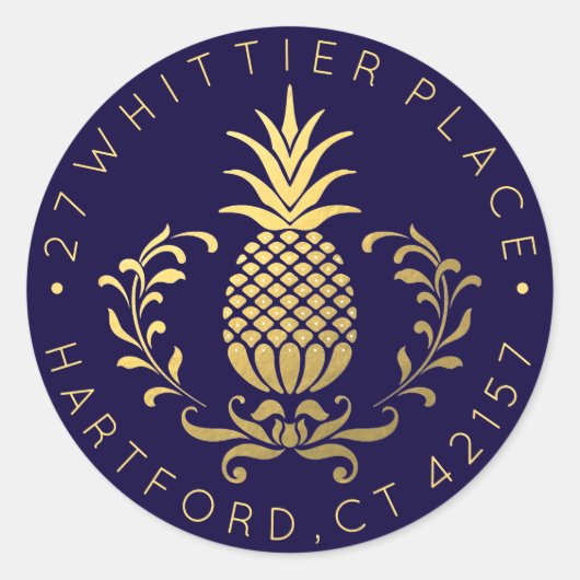 Goldene Ananas | Elegante Adresse Runder Aufkleber (Vorderseite)