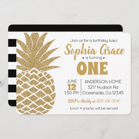 Goldene Ananas Geburtstag Luau Einladung (Vorne/Hinten)