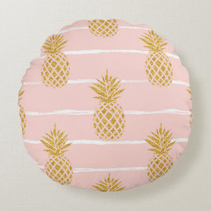 Goldene Ananas, gestreifter Sommerhintergrund. Rundes Kissen