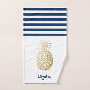 Goldene Ananas Marineblau Weiß Gestreift Badhandtuch Set