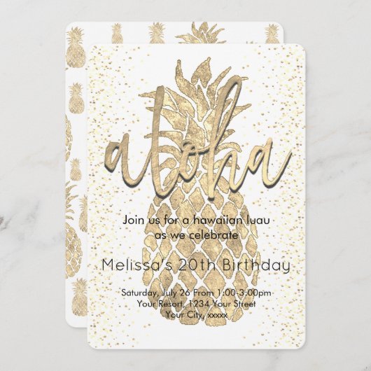 Goldene Ananas mit tropischem Party Einladung (Vorne/Hinten)