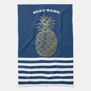 Goldene Ananas Nautical Navy Blau Gestreift  Geschirrtuch