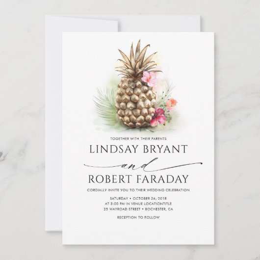 Goldene Ananas Pink Floral Beach Hochzeit Einladung (Vorderseite)