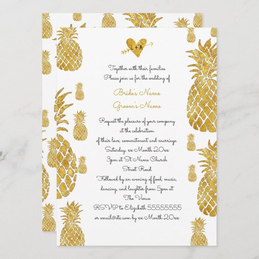 Goldene Ananas Tropische Sommerhochzeit Einladung (Vorne/Hinten)
