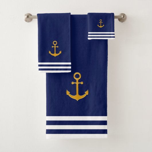 Goldene Anker und Streifen auf Navy Blue Badhandtuch Set (Insitu)