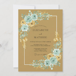 Goldene Aqua-Ranunculus-Eukalyptus-Hochzeit Einladung