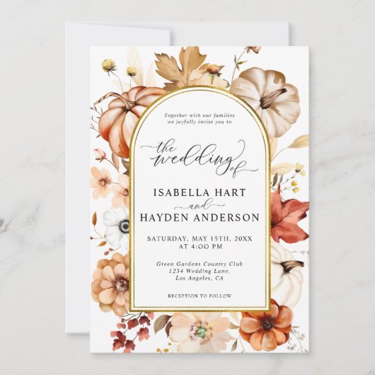 Goldene Arch Fall Floral Pumpkin Rust Orange Hochz Einladung (Vorderseite)