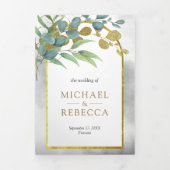 Goldene Arche Rustikale Eukalyptus-Blätter Foto Ho Dreifach Gefaltete Einladung (Cover)