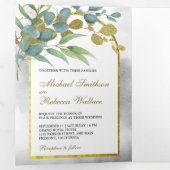 Goldene Arche Rustikale Eukalyptus-Blätter Foto Ho Dreifach Gefaltete Einladung (Innen Erste Seite)