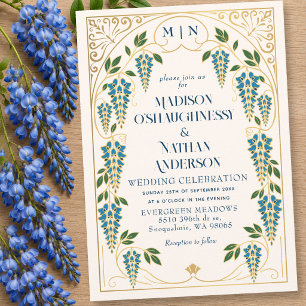 Goldene Art Nouveau Hochzeit mit blauer Wisteria Einladung
