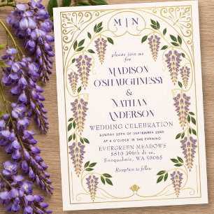 Goldene Art Nouveau Lila Wisteria Hochzeit Einladung