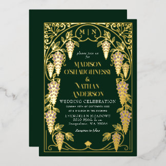 Goldene Art Nouveau Lila Wisteria Hochzeit Folieneinladung