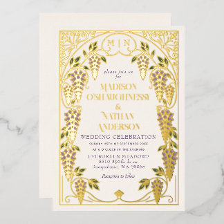 Goldene Art Nouveau Lila Wisteria Hochzeit Folieneinladung