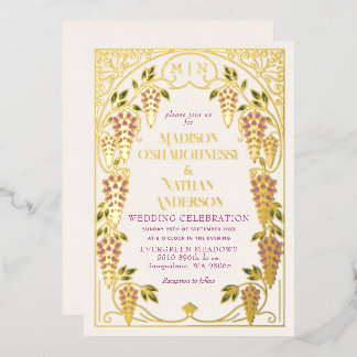 Goldene Art Nouveau Pinke Wisteria Hochzeit Folieneinladung