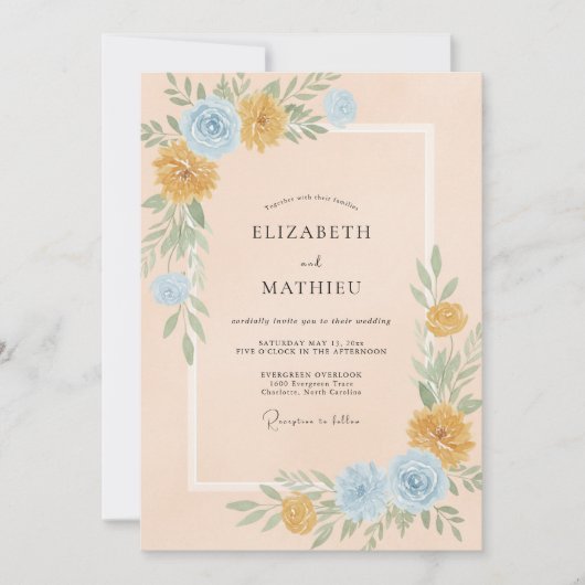 Goldene Azure Wildblumen-Hochzeit Einladung (Vorderseite)