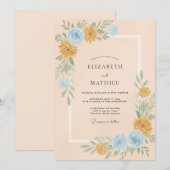 Goldene Azure Wildblumen-Hochzeit Einladung (Vorne/Hinten)