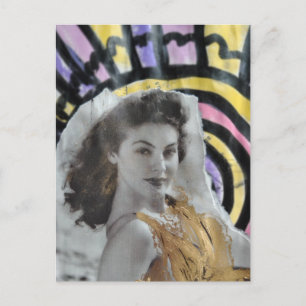 Goldene Badeanzug-Frau in der Strandcollage-Kunst  Postkarte
