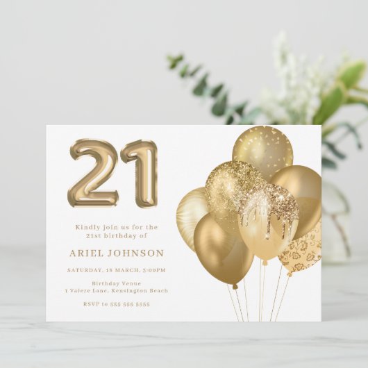 Goldene Ballons 21. Geburtstag Party Einladung (Stehend Vorderseite)
