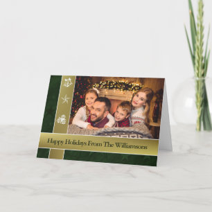 Goldene Bänder umrahmen grünes Familienfoto Feiertagskarte