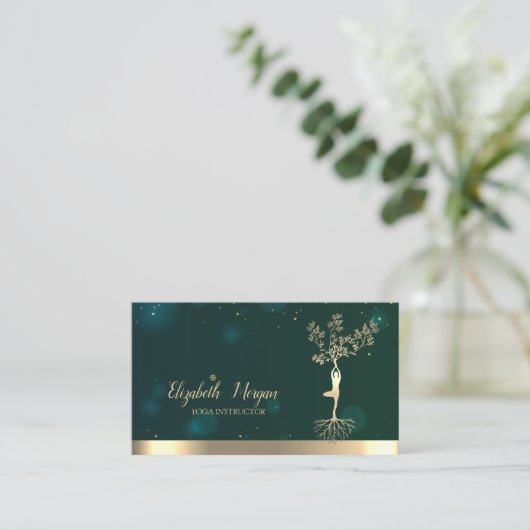 Goldene Bäume Silhouette Yoga Instructor Green Visitenkarte (Stehend Vorderseite)