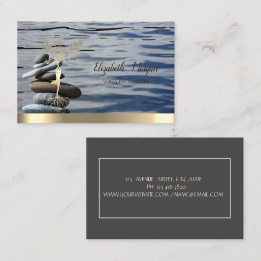 Goldene Bäume Silhouette, Zen Stones Strand Visitenkarte (Vorne/Hinten)