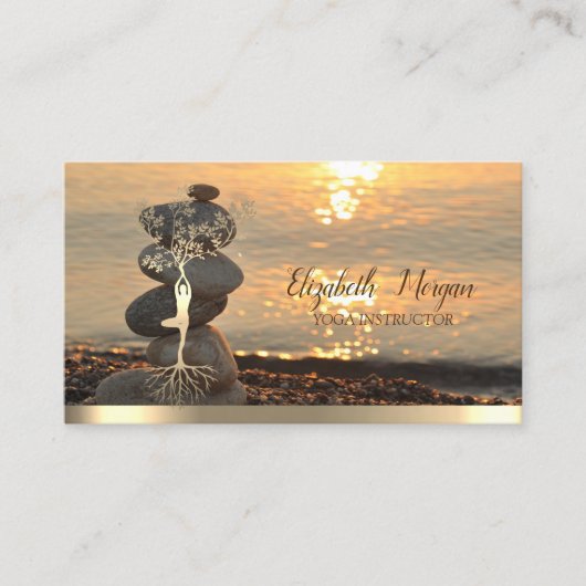 Goldene Bäume Silhouette, Zen Stones Sunset Beach Visitenkarte (Vorderseite)