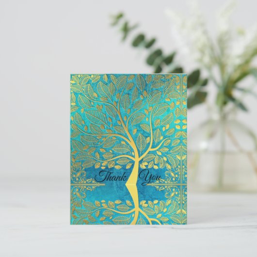 Goldene Baumreflektion über Blaue Pfaue Dankeskarte (Stehend Vorderseite)