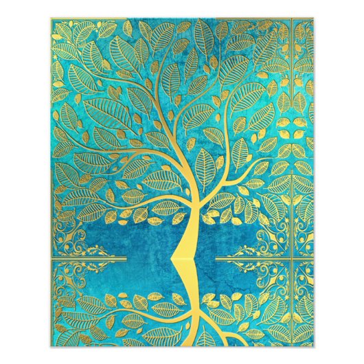Goldene Baumreflektion über Blaue Pfaue Fotodruck (Vorne)