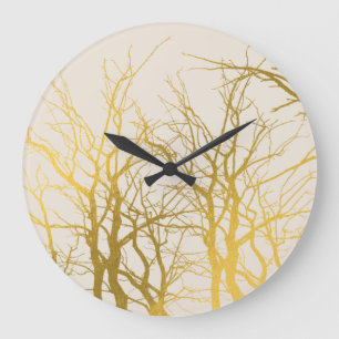 Goldene Baumzweig-Muster Beige Hintergrund Große Wanduhr